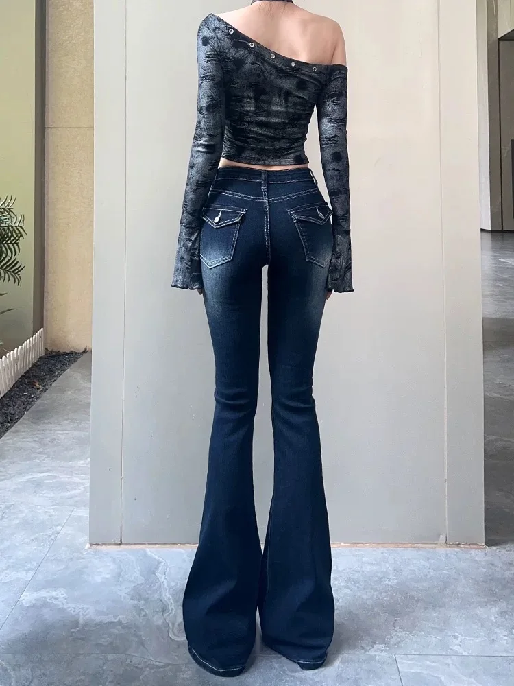 

Deep Blue High Waist Stretchy Slimming Micro Flared Long Jeans Retro Waed ket Design Elastic Hip Lifting Floor-Length Pants