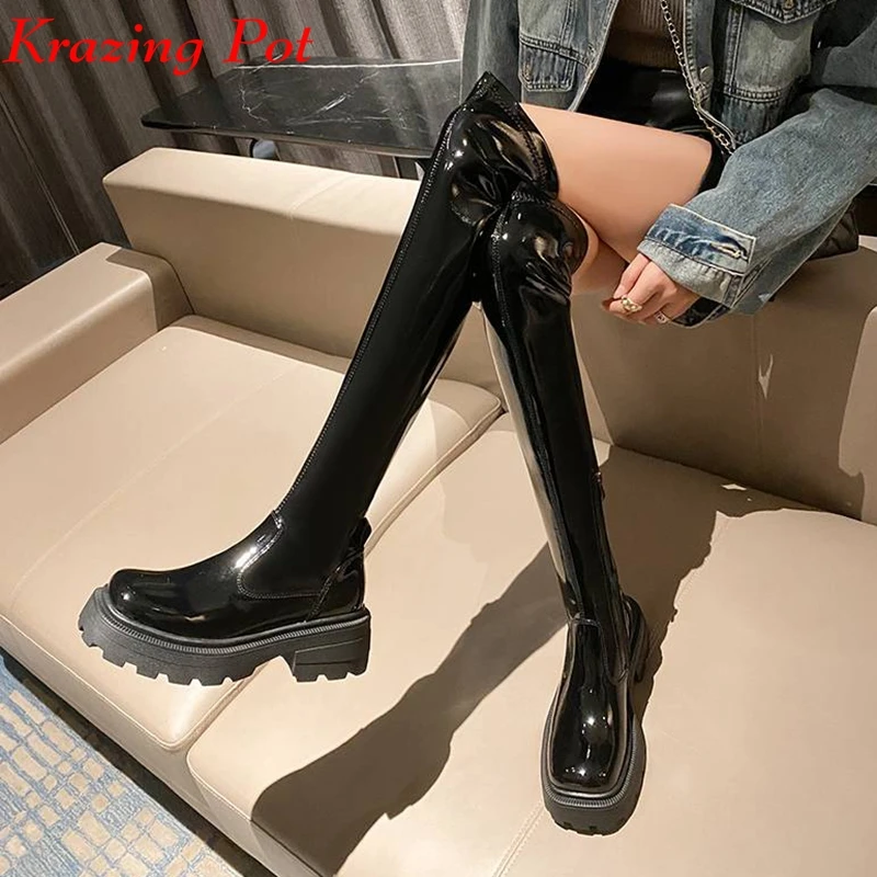 

Krazing Pot Microfiber Square Toe Waterproof Winter Stovepipe Stretch Boots Punk Platform Slip On Keep Warm Over-the-knee Boots