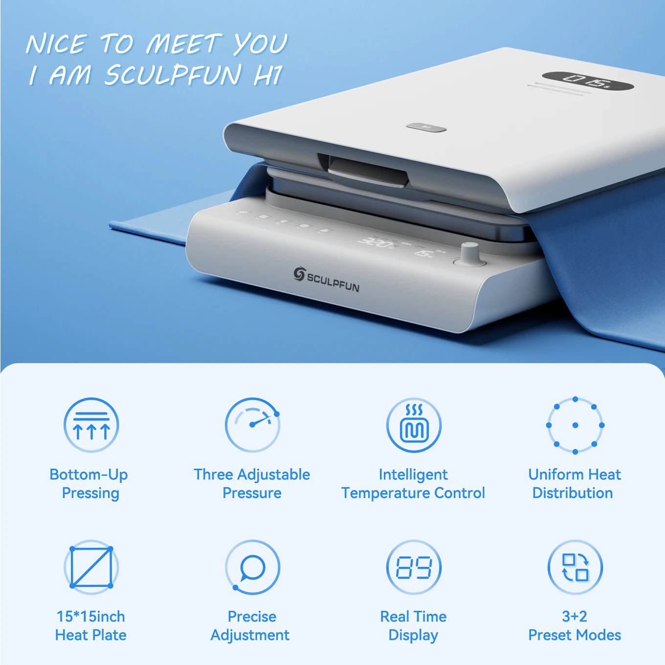 

SCULPFUN H1 Auto Heat Press Machine 15x15in Adjustable Pressure for T-shirt Bag Clothes Large-format work US Plug