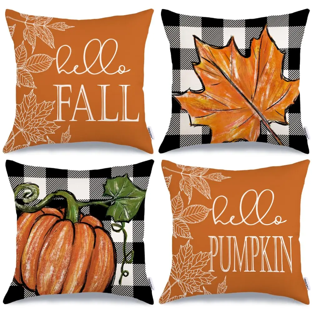 Fall Pillow Covers 18x18 Set of 4 for Fall Decor Buffalo Plaid Pumpkin and Maple Leaves Throw Pillows Farmhouse Case for Couch