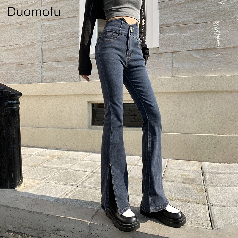 Duomofu-jeans clássico completo para mulheres, chique, dividido, solto, flare, feminino, moda coreana, cintura alta, fino, simples, casual, primavera