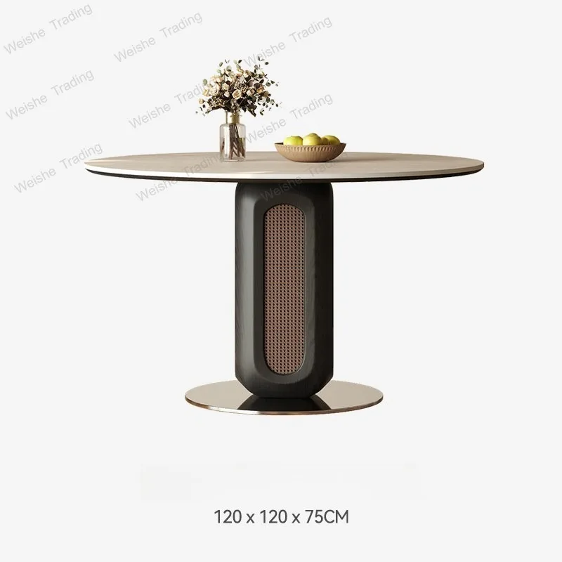 

French round travertine rock slab dining table Household Bauhaus retro rattan dining table Negotiation table