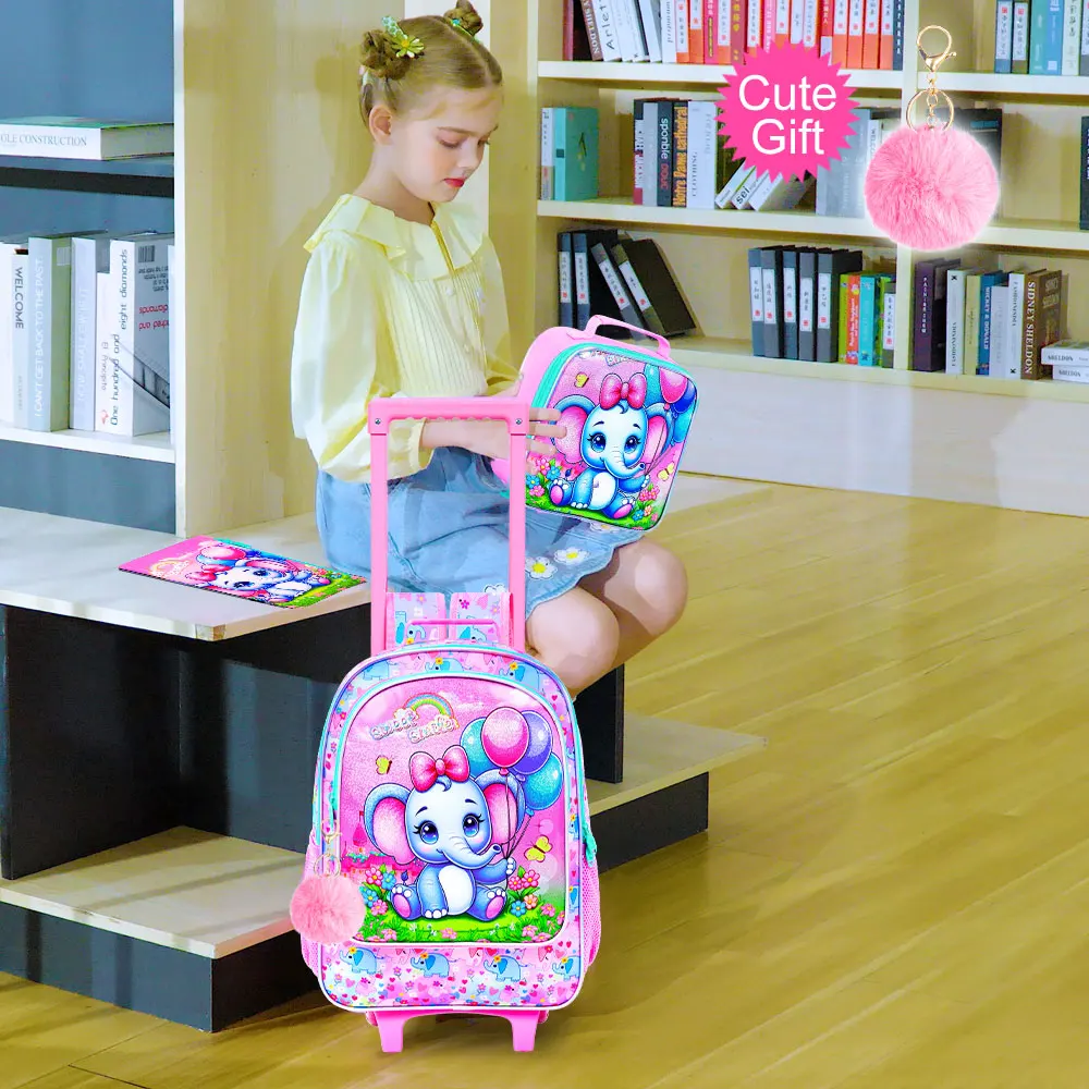 Kid's Backpack 3PCS, UV Balloon Elephant Rolling Backpack, Large Capacity, One Rolling Backpack, One Handbag, One Pencil Case