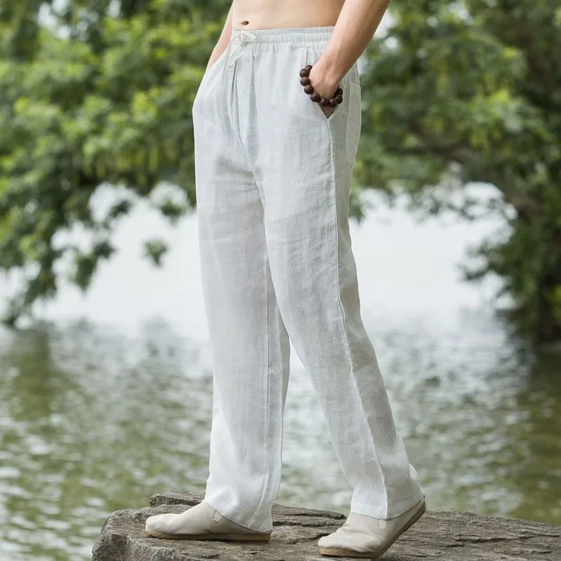 

Men's Chinese Style Linen Pants - Loose Straight Leg Summer Trousers