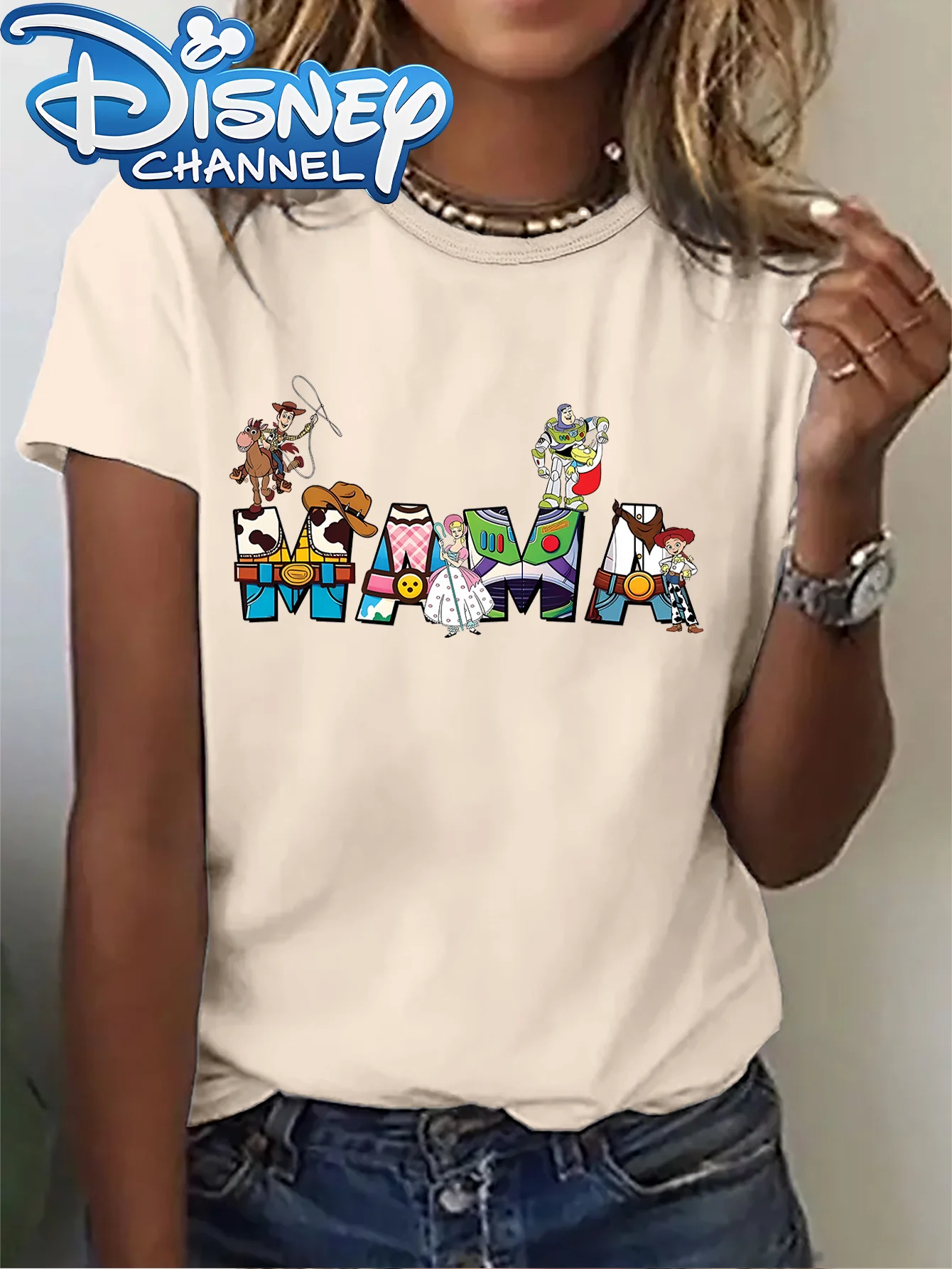 

Disney Women's T-shirt - Toy Story MAMA Logo Print with Woody&Buzz Lightyear, Round Neck Casual Summer Short Sleeve Top