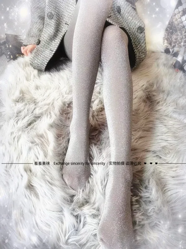 30d Pearlescent Fine Glittering Silver Silk Sexy Silk Stockings Show Thin Vertical Strip Super Shiny Black Socks Women Tights