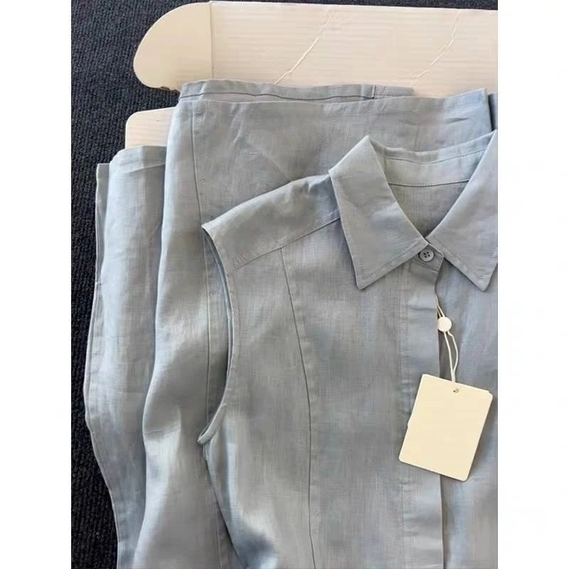 夏エレガントな女性の新しいブルースリネンシャツドレスベルト Sleevelsss ハイウエスト A ラインカジュアルドレスミディ Vestidos T145