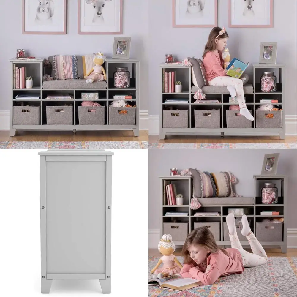 

Gray Wooden Storage Bench with Cushion, Bookcase, and Fabric Bins for Kids' Reading Area