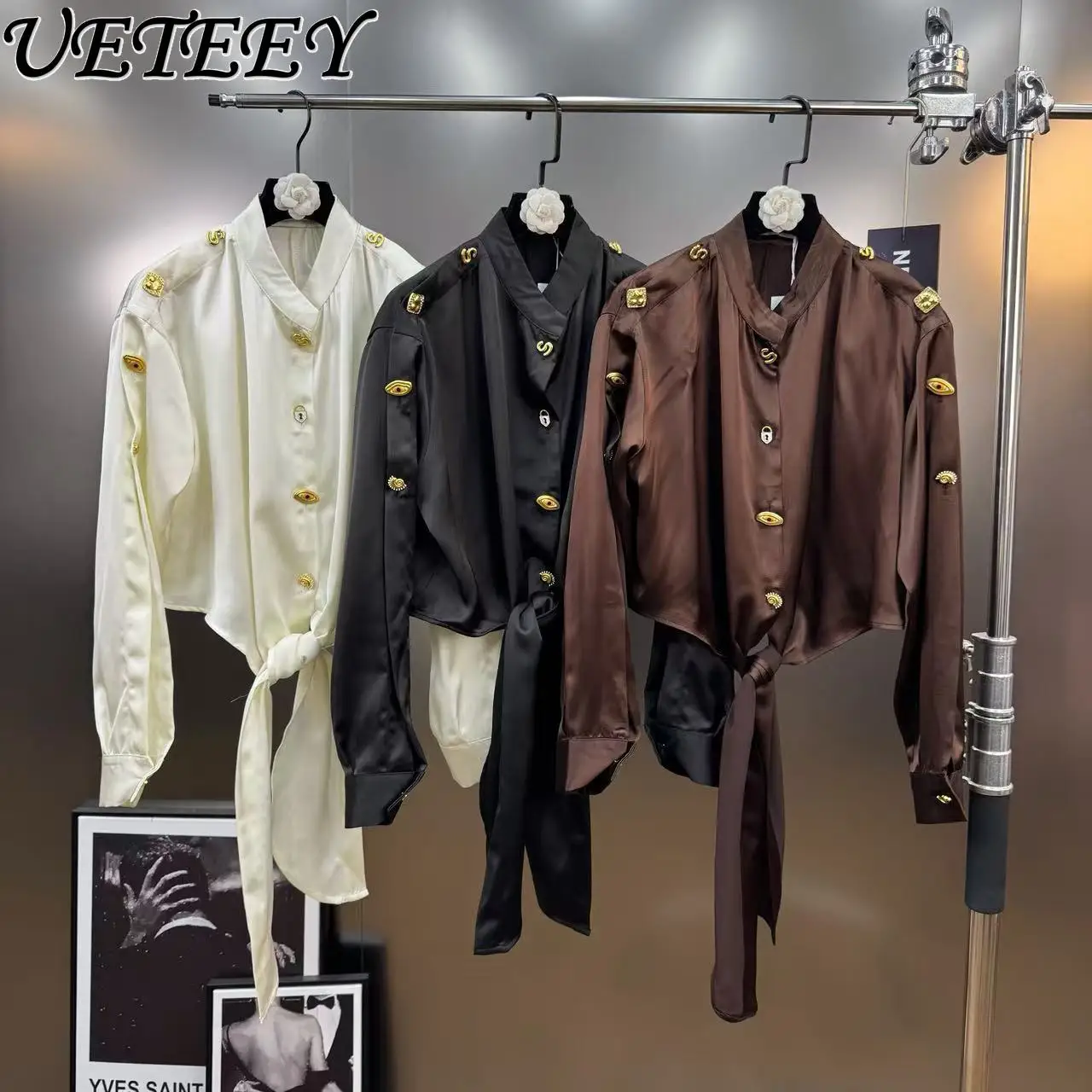 

Осень 2024, универсальная однотонная рубашка с длинным рукавом, металлический ретро-стиль, пуговицы, лоскутный дизайн, уличная мода, французский короткий топ