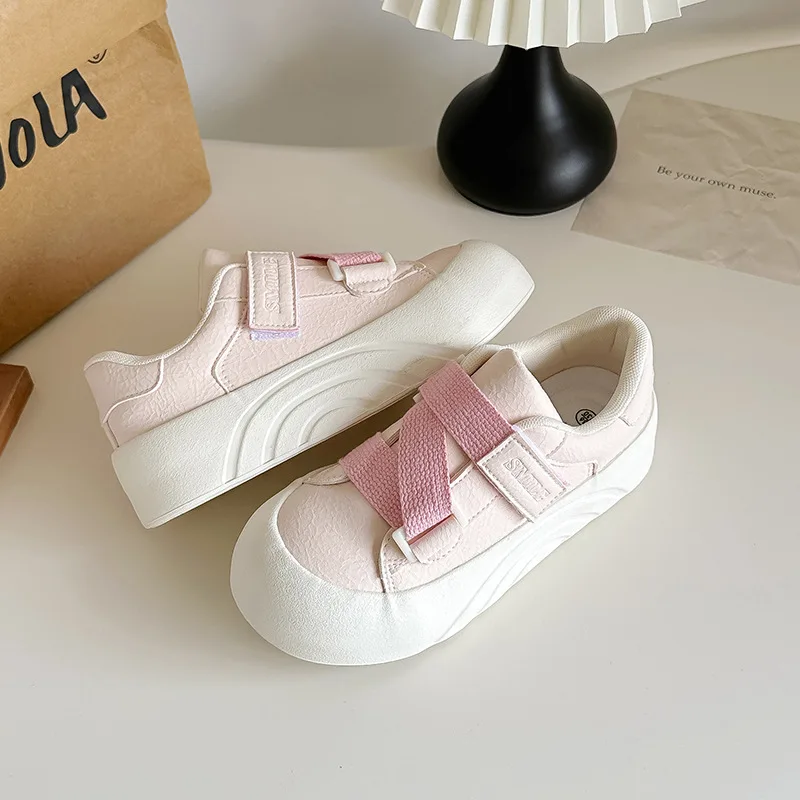 Pebel American Style Magic Tape Thick Bottom Bread White Shoes Spring New Casual Sports Shoes Low Cut Canvas Shoes for Women