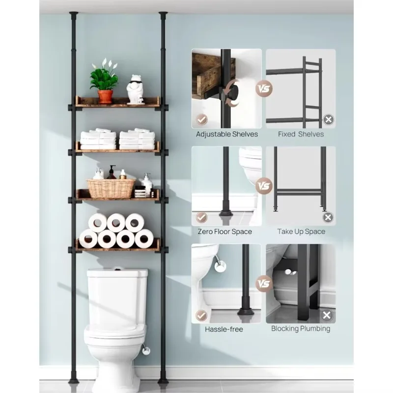 

Bathroom Cabinet, Over The Toilet Storage, 4-Tier Adjustable Wood Shelves for Small Room, Saver Space Rack, 92 to 116 Inch Tall