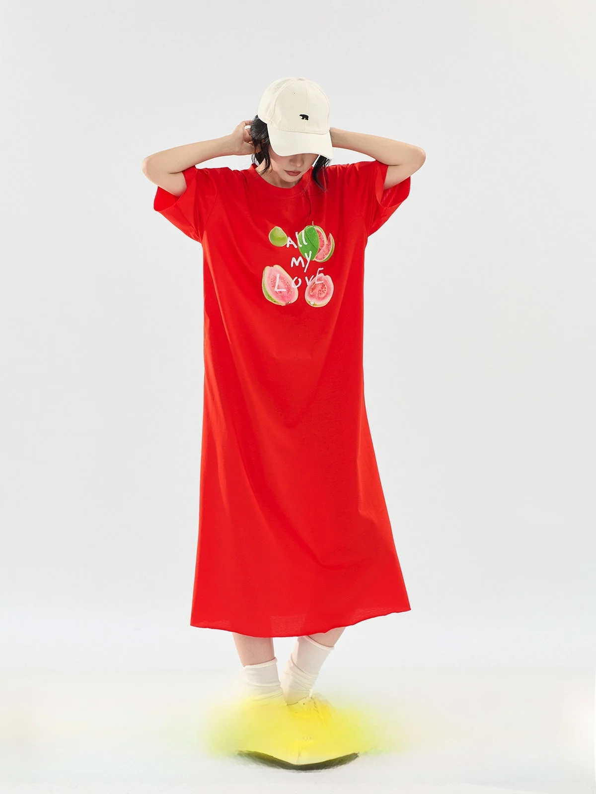 

Red Fruit Print Casual Short Sleeve Dress Women's Summer New Loose Lazy Style Polyester Fiber H Version City Commute Dress