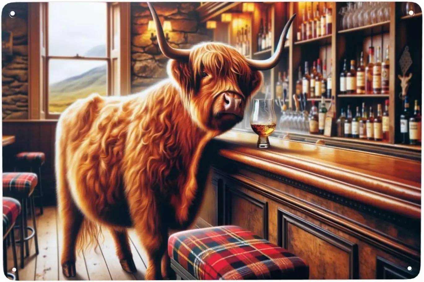 Rustic Highland Cow Whisky Bar Tin Sign Antique Scottish Pub Decor,Home Bar Wall Art,retro Farmhouse Metal signs Plaque,Tinplate