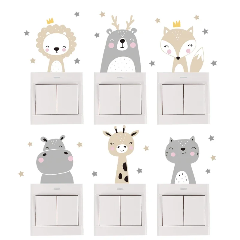 6pcs boho colorful cute animal smile switch stickers, nursery & kids room wall decor 3