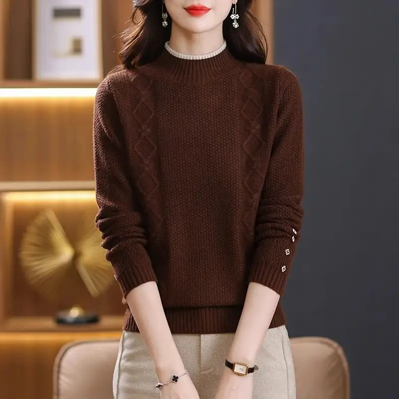 Women's Clothing Autumn Winter Round Neck Screw Thread Sweater Knitted Long Sleeve Pullover Casual Elegant Solid Color Tops