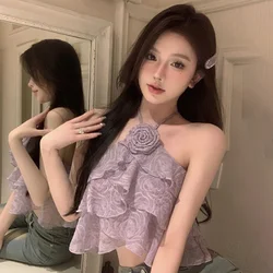 Women's Vest Summer Chiffon Ruffle Halter Neck Backless Sweet Front Flowers Top Female Versatile Sexy Short Blouse