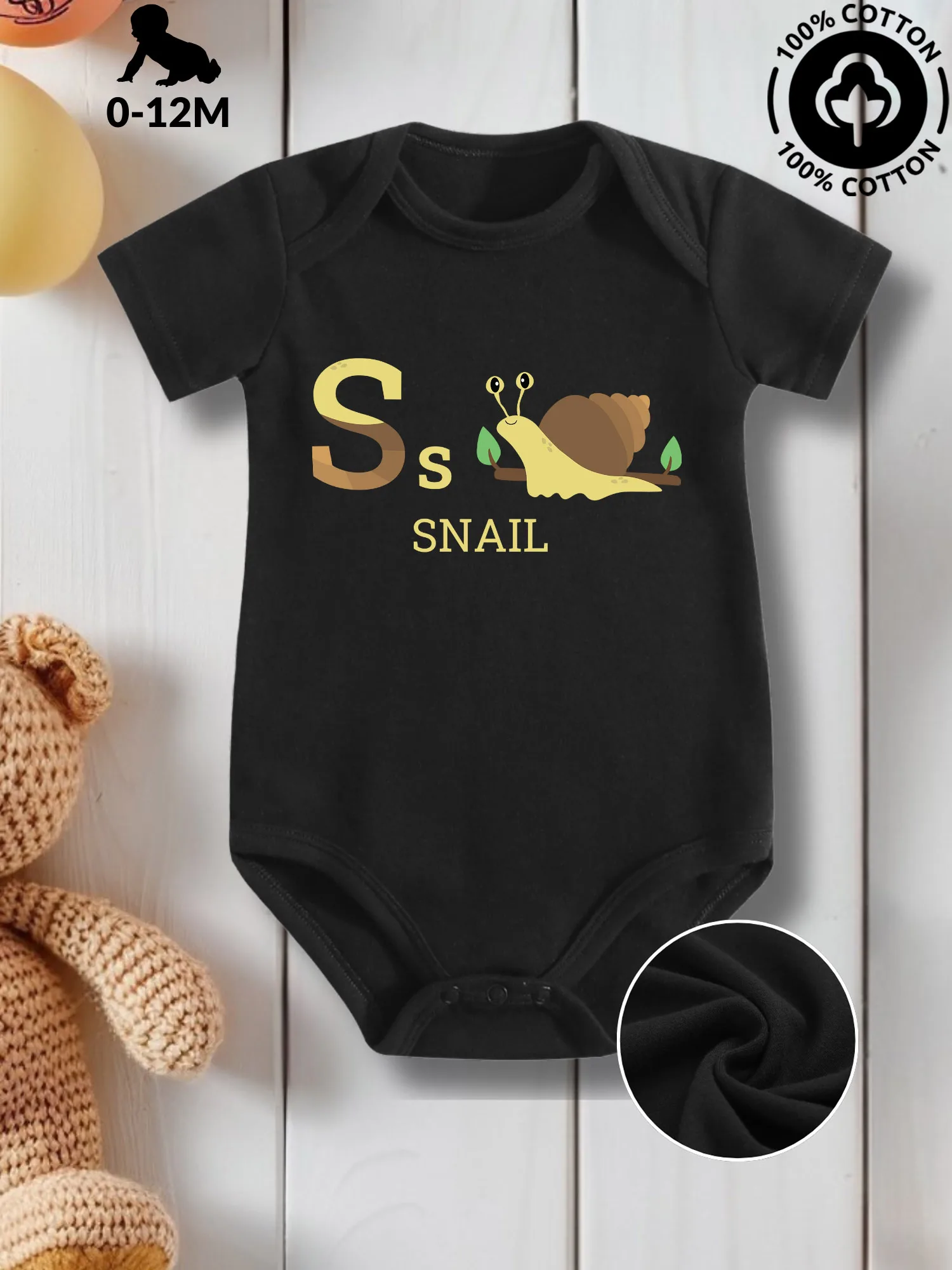 

S For Snail Unisex Baby Crawling Suit, Pure Cotton Skin Care Onesie, All-Season Wear Black Bodysuit 190GSM