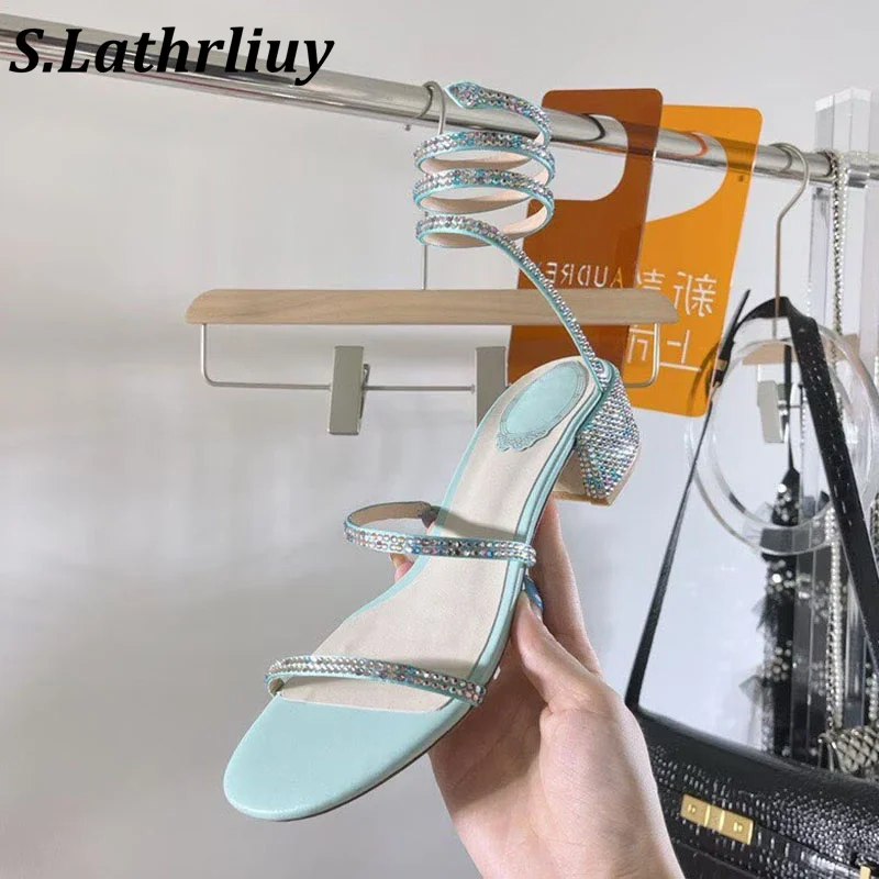 summer new solid color open toe square heel sandals high heels gladiator sandals women's shiny rhinestone fashion party shoes