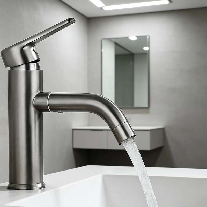 

304 Stainless Steel Gun Gray Single-hole Bath Faucet Bathroom Sink Basin Rotating Hot and Cold Water Faucet Bathroom Accessories