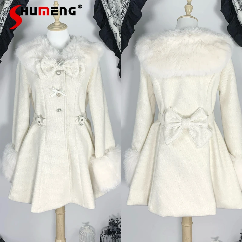

Original Japanese Mass-Produced White Long Woolen Jacket Autumn Winter New Girl's Women's Slim Fit Elegant Faux Fur Collar Coat