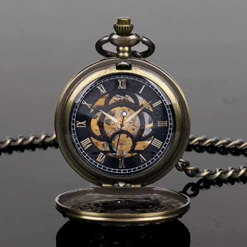 Vintage Black Mechanical Hollow Hunter Hand Wind Pocket Watch Luminous Pointer with Chain for Men