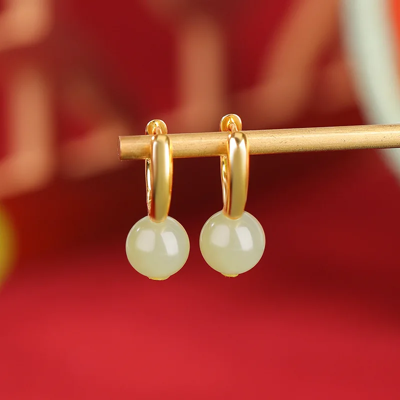 Natural Hetian S925 Sterling Silver Gold-Plated Jade Round Bead Geometric Style Ear Clip Earrings