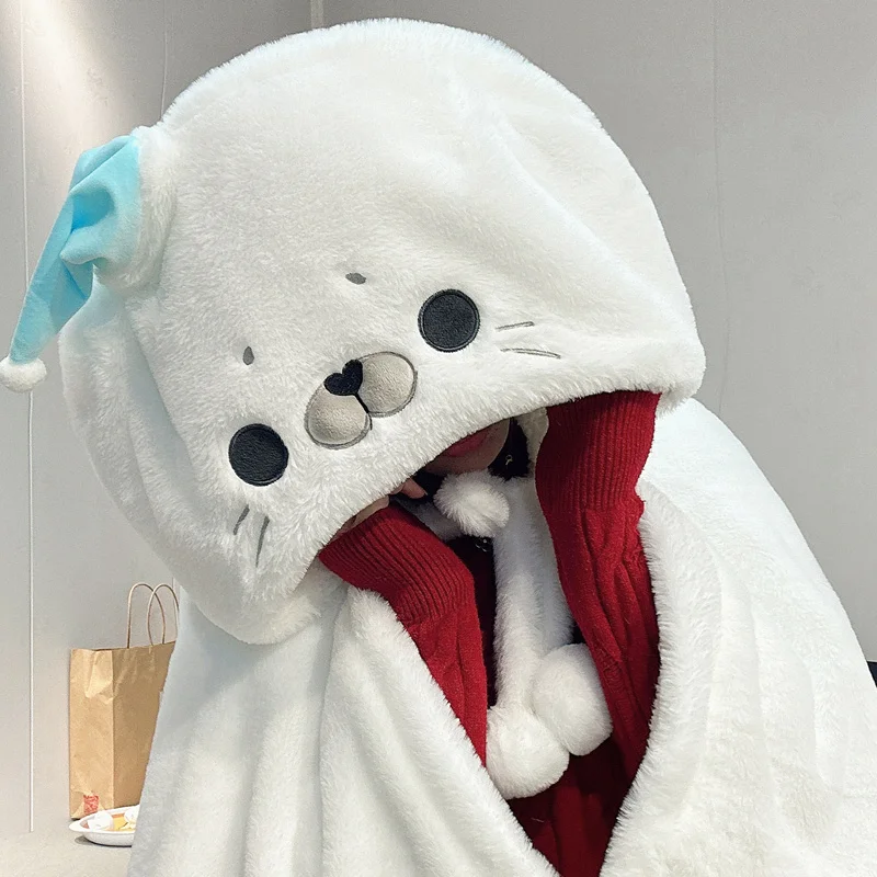 Boys Girls Winter Gifts Cute Animal Plush Cloak Green Alien Cat Seal Capybara Black Cat Robes Cloak Blankets Swaddle With Hood