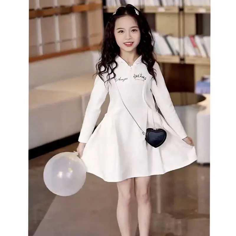 

2025 spring Kids girls white patchwork flounce golf letter Pleated hooded Dresses cotton Princess Children 4 8 10 11 12 Year