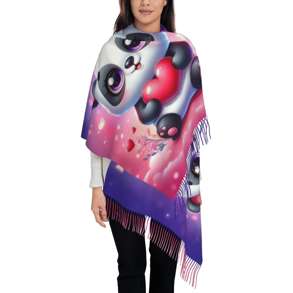 

Customized Panda With Heart Cartoon Scarf Wrap for Women Long Winter Fall Warm Tassel Shawl Unisex Anime Cute Scarves