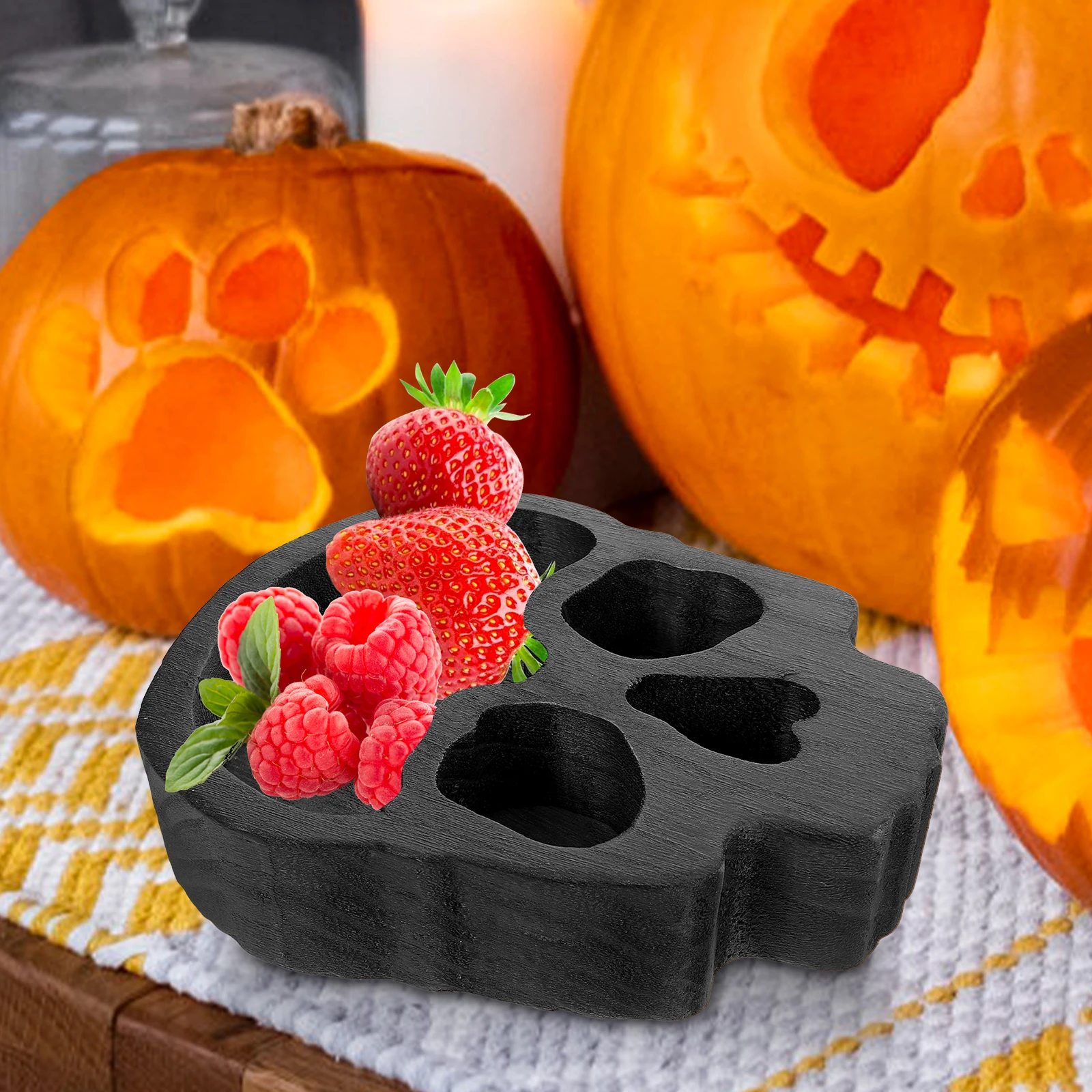 

Wooden Bowl Skull Shape Candlestick Fruit Plate Halloween Snack Tray Party Serving Dishes Reusable Wood