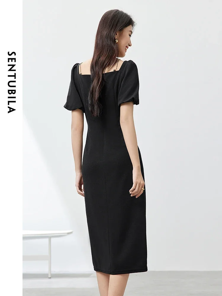 SENTUBILA Puff Sleeve A-line Black Dress For Women Round Neck Side Split Midi Dresses 2024 Summer New Female Clothes 142L54254