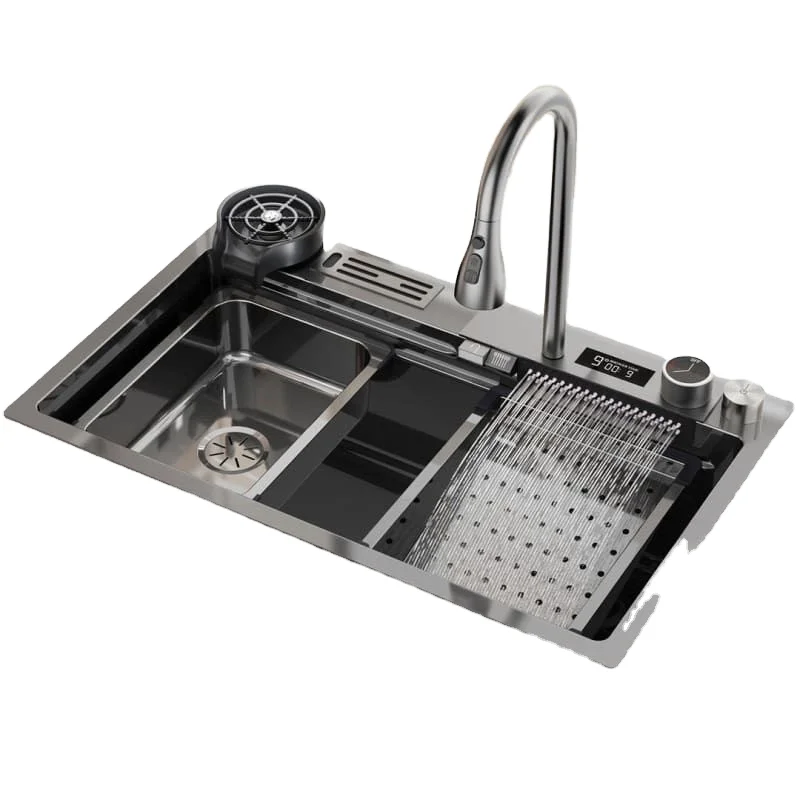 Intelligent Kitchen Sink Left Side Multifunctional Single Bowl Polished Surface Modern Design Faucet 304 Stainless Steel Sink
