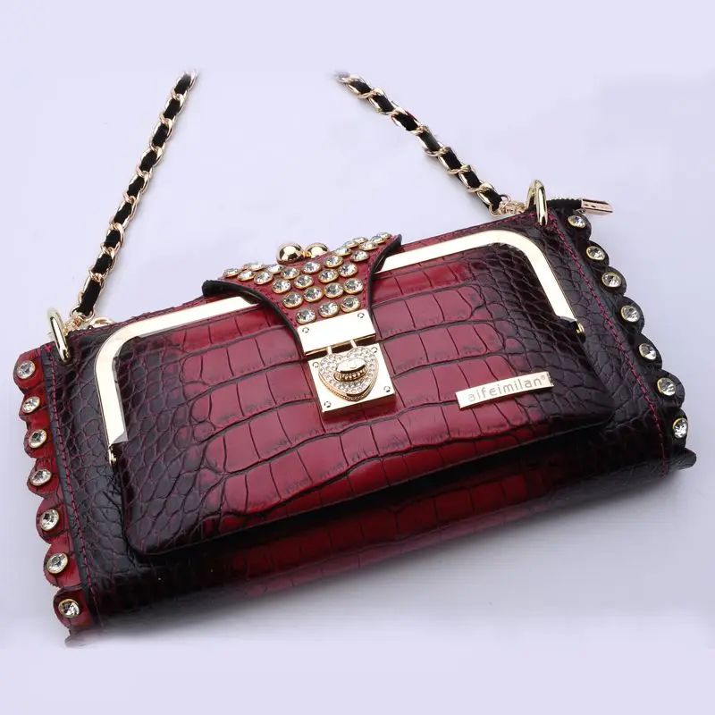 Light Luxury New High Grade Genuine Leather Women's Bag Crocodile Chain Crossbody Bag High Grade Diamond Embedding Shoulder Bag