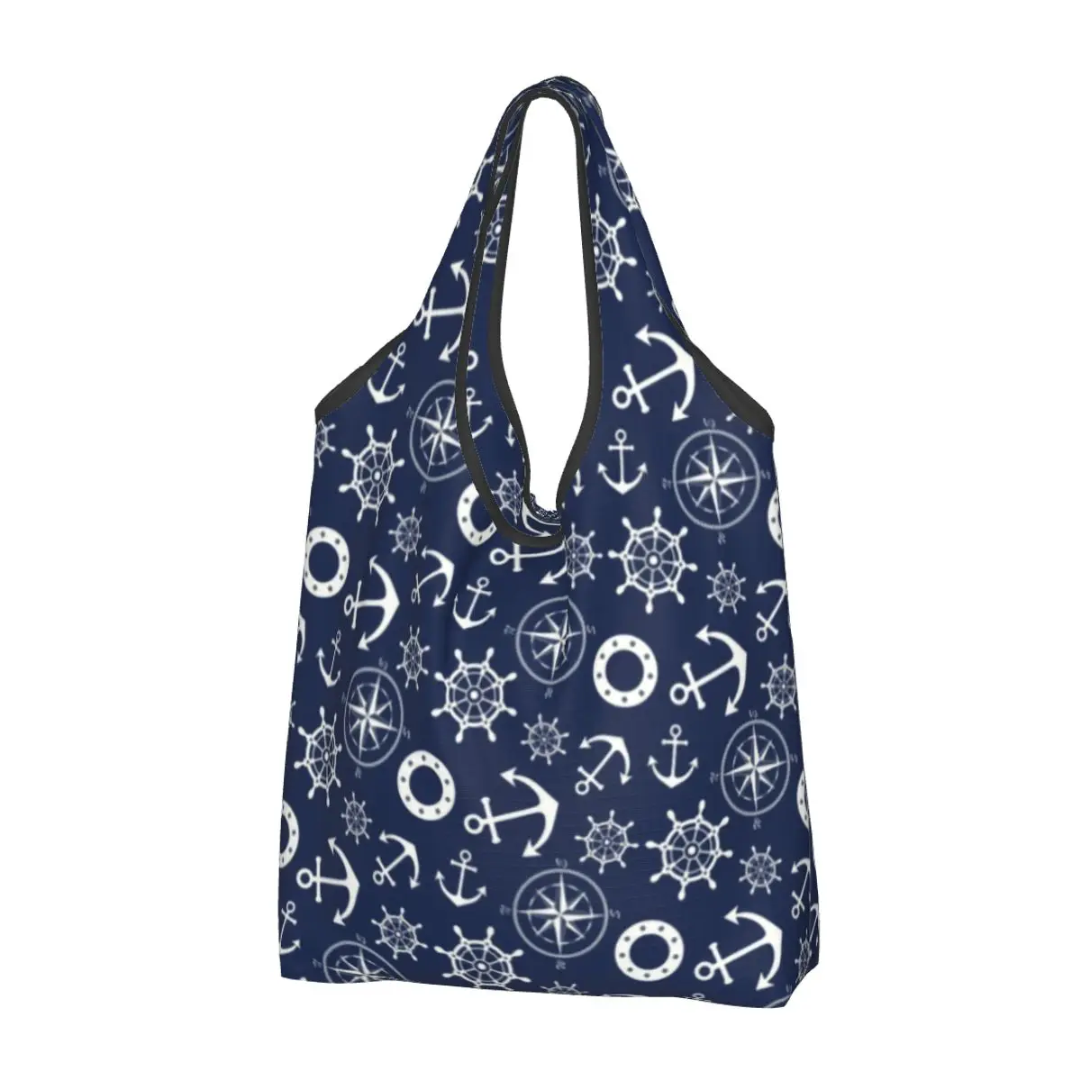 Custom Navy Blue Nautical Wheel Anchor Shopping Bag Women Portable Large Capacity Grocery Tote Shopper Bags