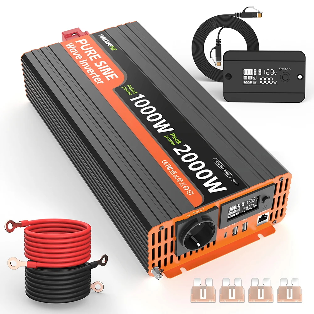 YULONGNE Onduleur à onde sinusoïdale pure 1000W, puissance de pointe 2000W, DC 12V vers AC 230V, prise EU Schuko, télécommande LCD filaire, avec câbles de batterie et kit de fusibles, pour caravanes, camping-cars, VR, systèmes solaires, applications hors réseau et alimentation de secours, certifié CE, FCC, UKCA et RoHS