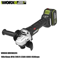 Worx Cordless Angle Grinder Brushless WU806 100x16mm 9500rpm Clutch Protection for Polishing Cutting Share 20v Green Battery