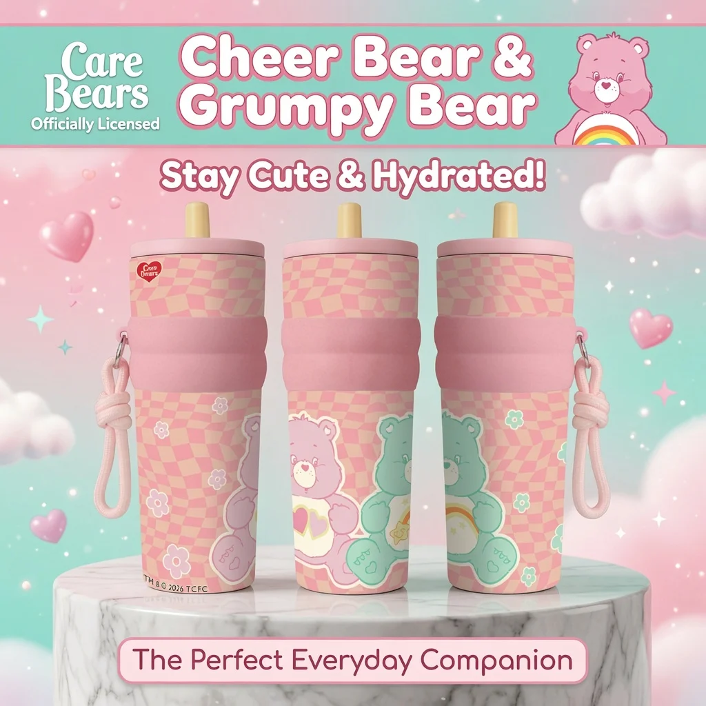 1pc 25oz Care Bears Checkered Floral Stainless Steel Tumbler Insulated Travel Mug with Straw Hanging Rope for Camping Daily Use