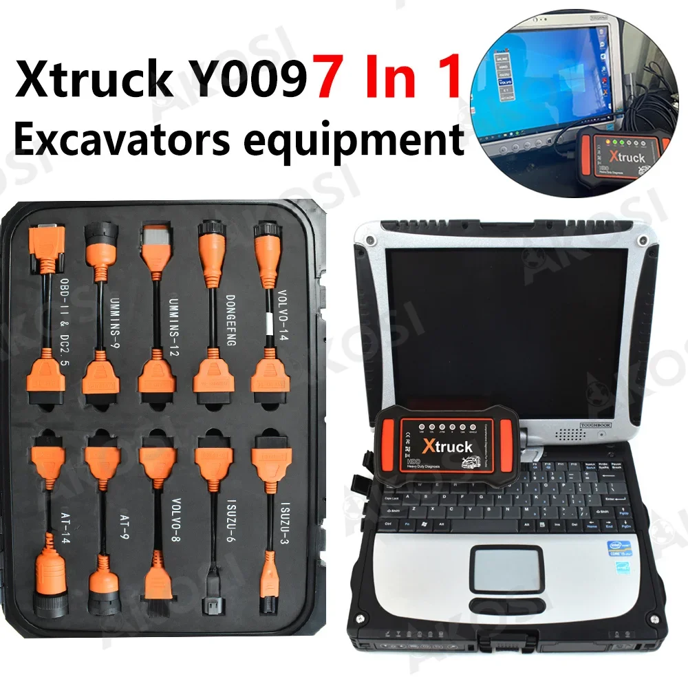 CF19 Laptop+Xtruck Y009 HDD Full Function OBD2 Vehicles Test Tool for Truck Construction Excavators Diagnostic Kit