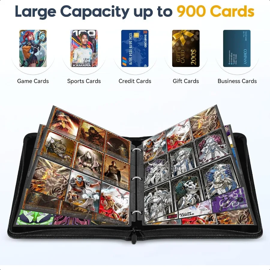 แฟ้มใส่การ์ด 9 ช่อง 900 ช่องใส่การ์ดสองด้าน ทำจากหนัง PU สำหรับใส่การ์ด MTG TCG และการ์ดกีฬา สีดำ