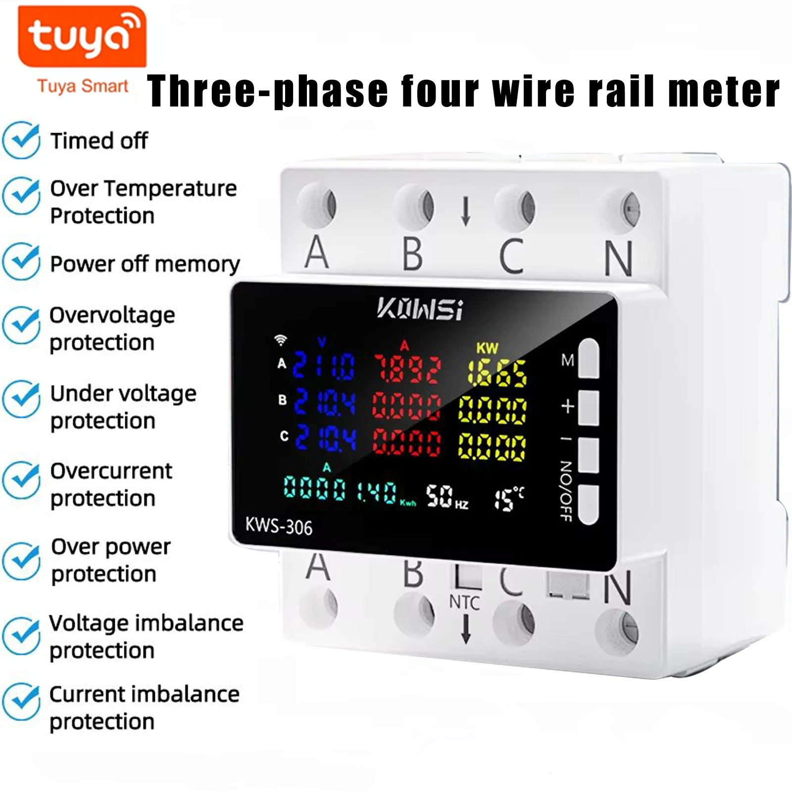 Medidor de Energía WiFi Tuya Trifásico de 4 Hilos con Protección contra Sobretensión y Baja Tensión, Interruptor de Relé, Disyuntor, Medidor de kWh, Smart Life