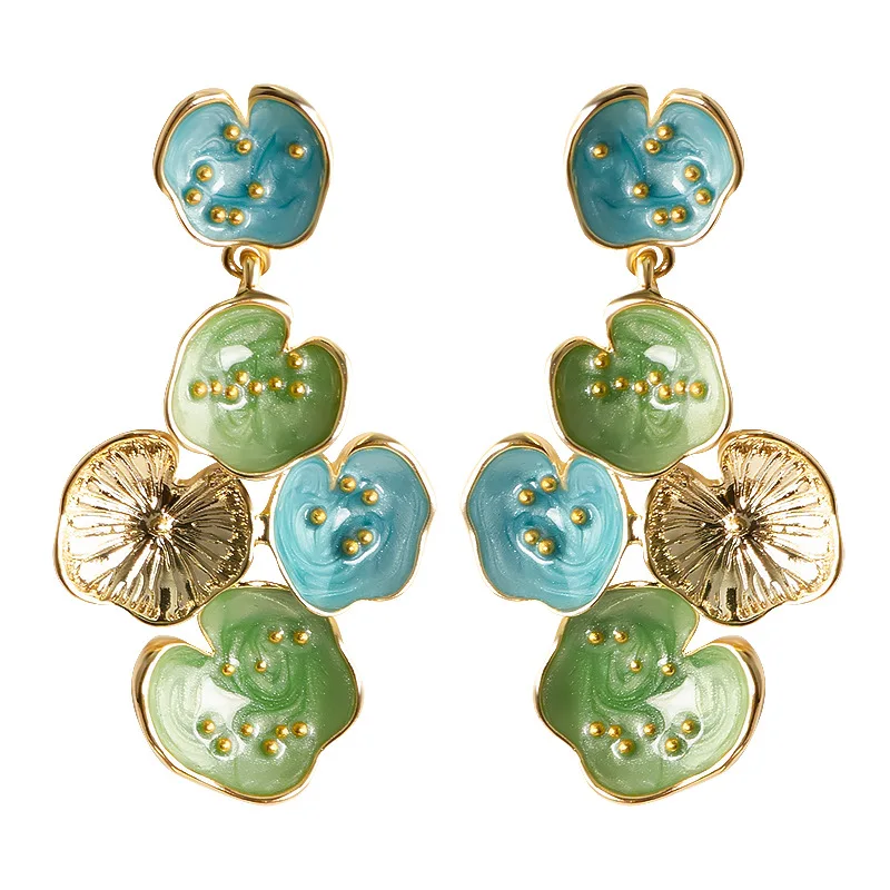 Garden Series Lotus Leaf Dripping Oil Small Light Luxury Middle Ancient Style Earnail Painting Enamel Earrings