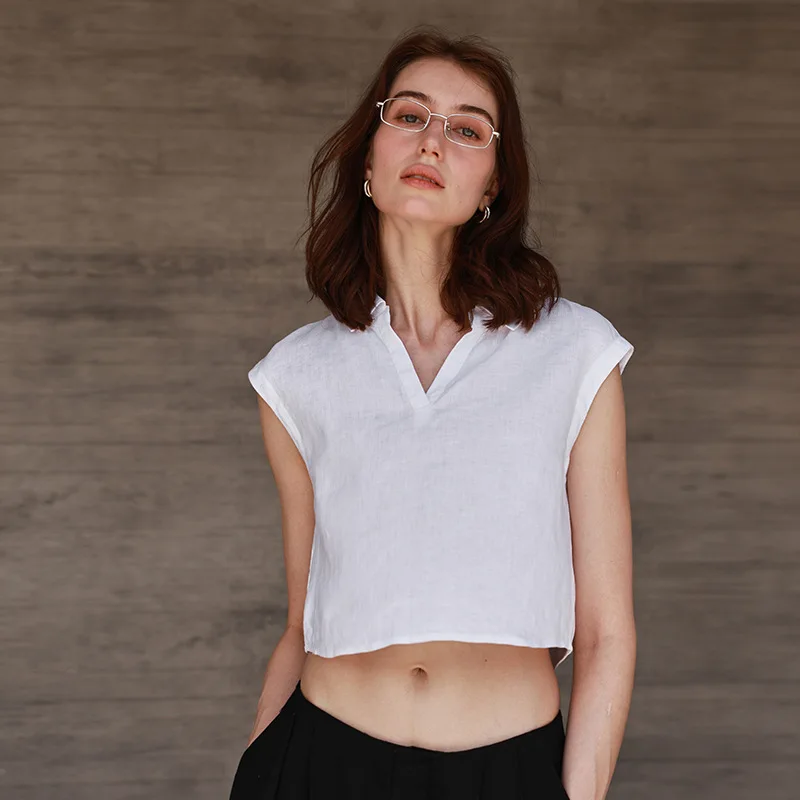 

Футболки из 100% льна, женские короткие укороченные топы без рукавов с v-образным вырезом, летние простые свободные повседневные офисные женские уличные футболки с лацканами, белая футболка