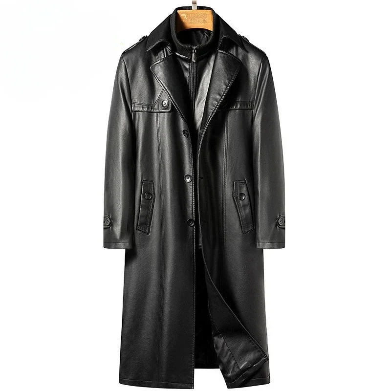 Long Below The Knee Leather Wind Coat Middle-Aged Men Male Fleece Lined Warm Large Size Leather Jacket Casual Baggy Outwear