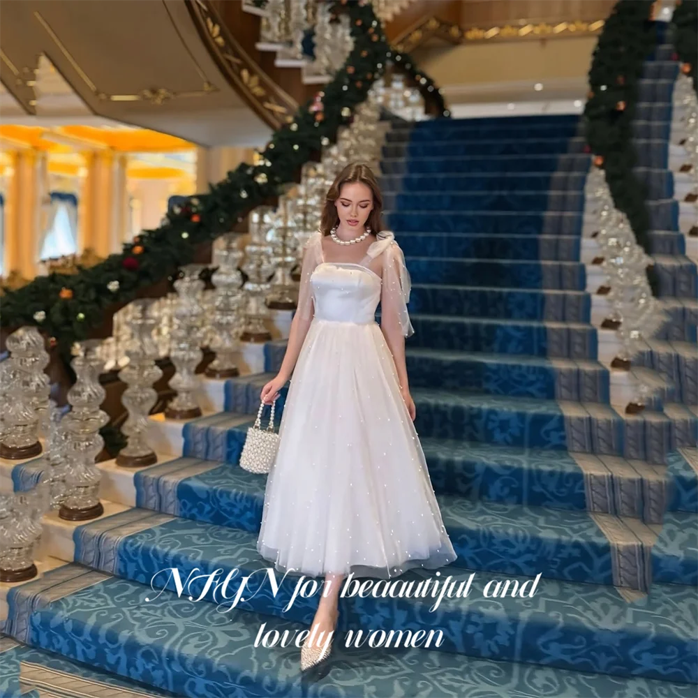 

NFYN White Prom Gown Spaghetti Straps Party Dress with Pearl and Tulle Skirt for Formal Events Wedding Evening Dress Customized