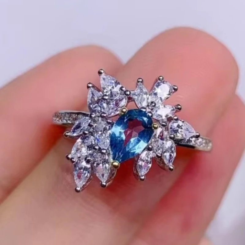 

925 pure silver Chinese style natural Swiss blue topaz women's exquisite trendy water drop adjustable gem ring fine jewelry dete