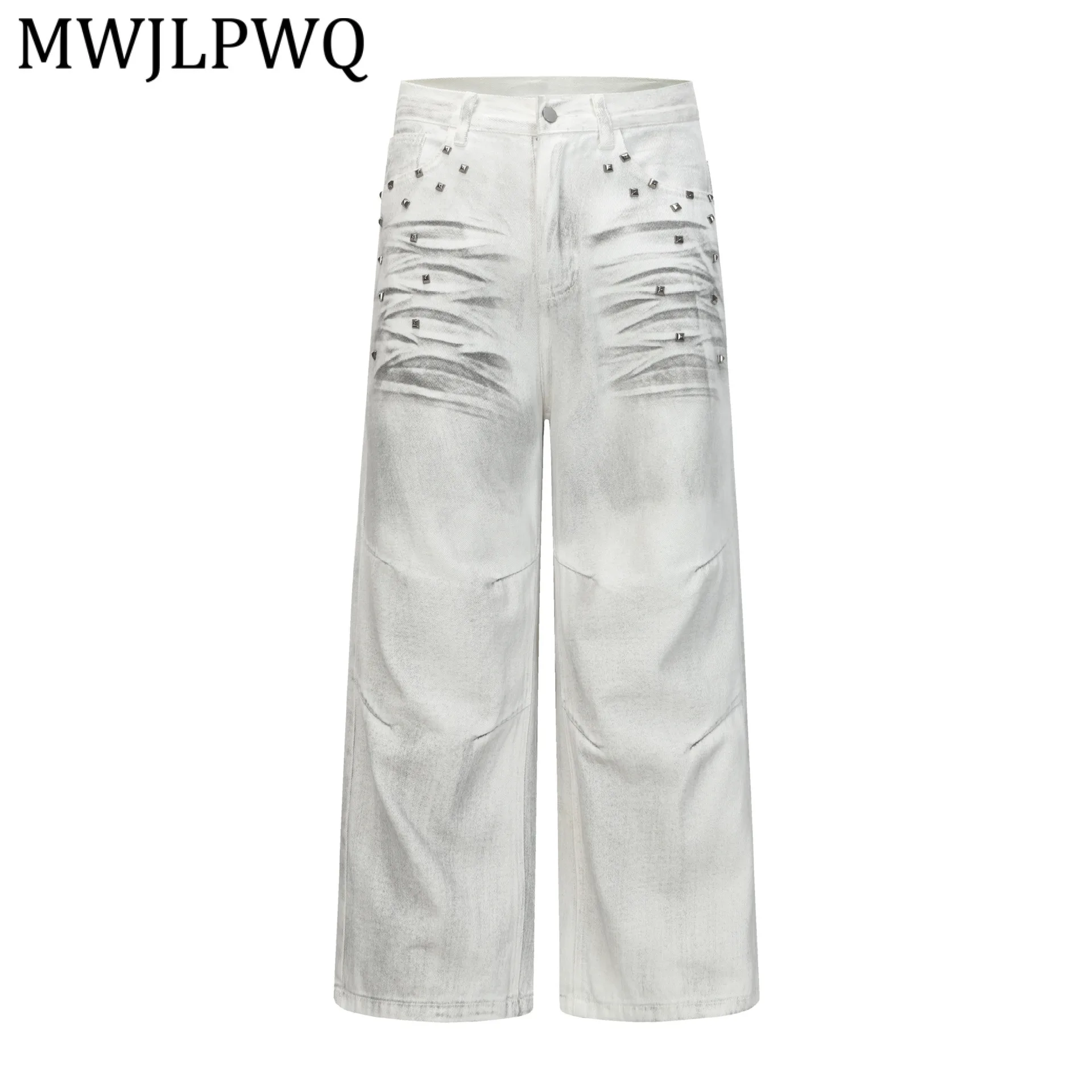 

MWJLPWQ American RO Style Dirty Rivet Jeans Men's Tide Distress Washed Streetwear Loose Wide-Leg Trousers 2026 Autumn New 13606