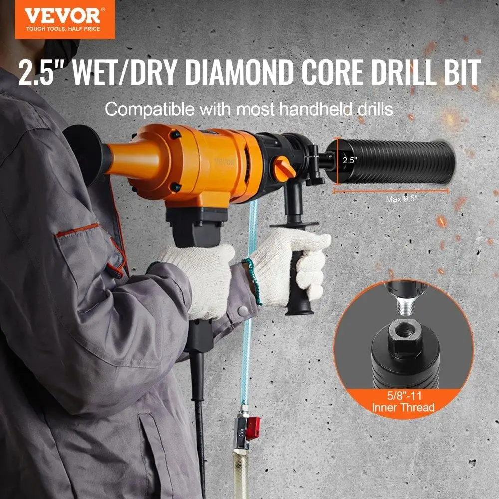 2.5 Wet/Dry Core Drill Bit for brick & Concrete - 9.5 Depth, Includes Pilot Bit Adapter & Saw Blade, 5/8-11 Thread