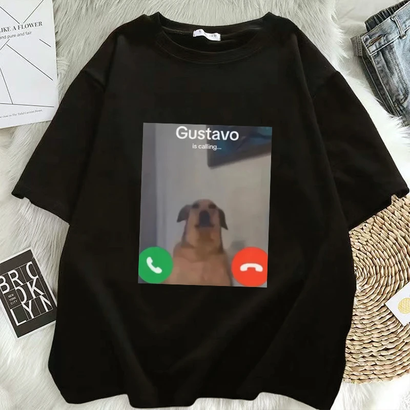Funny Gustavo The Dog's Phone Call Graphic Printed T-Shirt Casual Short Sleeve Round Neck Women Tshirt Clothing