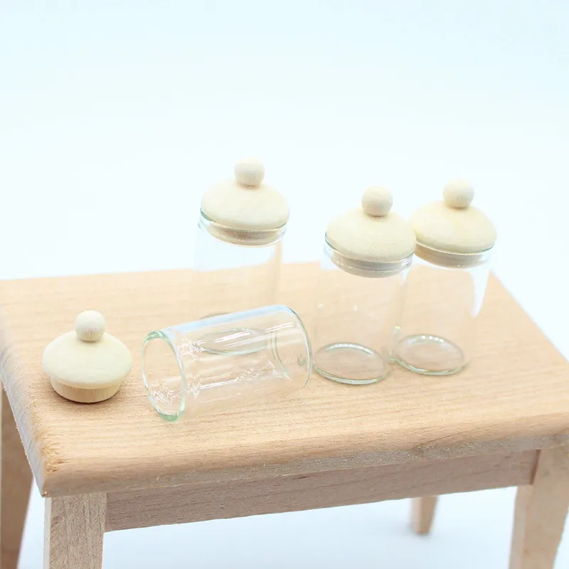 

4pcs Dollhouse Glass Jar Storage Jar Roundwood Mini Model 1:12 Miniature Food Play Ornament Toys Home Decor Decoration Crafts