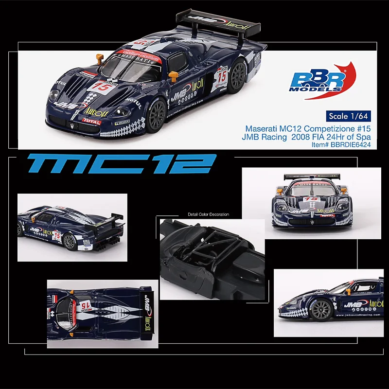 BBR 1/64 New Maserati MC12 Competizione #15 JMB Racing 2008 FIA 24Hr of Spa Alloy Toy Motor Vehicle Diecast Metal Model Gifts